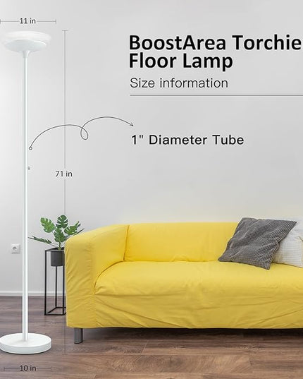 BoostArea Torchiere Floor Lamp, 24W Super Bright LED Standing Lamp, Stepless Dimmable Pole Lamp with 3000K Lighting, Glass Lampshade, 71Inch Tall Metal Modern Floor lamps for Living Room/Bedroom White - LeafyLoom