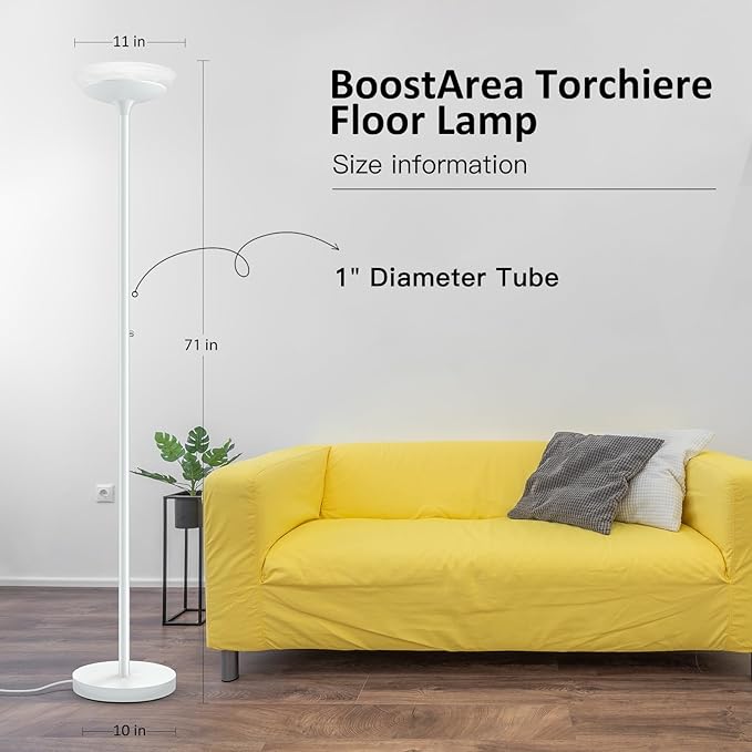 BoostArea Torchiere Floor Lamp, 24W Super Bright LED Standing Lamp, Stepless Dimmable Pole Lamp with 3000K Lighting, Glass Lampshade, 71Inch Tall Metal Modern Floor lamps for Living Room/Bedroom White - LeafyLoom