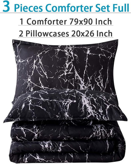 Litanika Black Marble Comforter Full(79X90Inch), 3 Pieces (1 Marble Comforter+2 Pillowcases) Soft Lightweight Microfiber Comforter Bedding Set for Men and Women - LeafyLoom