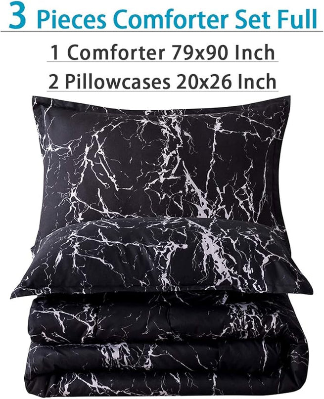 Litanika Black Marble Comforter Full(79X90Inch), 3 Pieces (1 Marble Comforter+2 Pillowcases) Soft Lightweight Microfiber Comforter Bedding Set for Men and Women - LeafyLoom