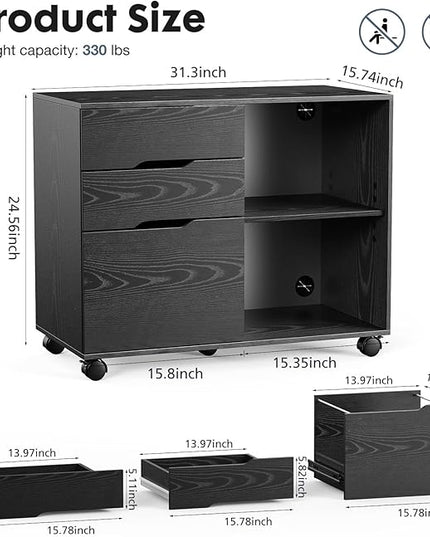 DUMOS Lateral File Cabinet with 3 Drawers Rolling Wooden Printer Stand Under Desk Storage Organizer with 4 Wheels Adjustable Shelf for Office Home, Black - LeafyLoom