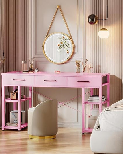 ODK Vanity Desk with Fabric Drawers & Storage Shelves, Makeup Dressing Table, Home Office Desks for Bedroom, Modern Simple Writing Desk,Pink, 48"x16" (No Mirror - LeafyLoom