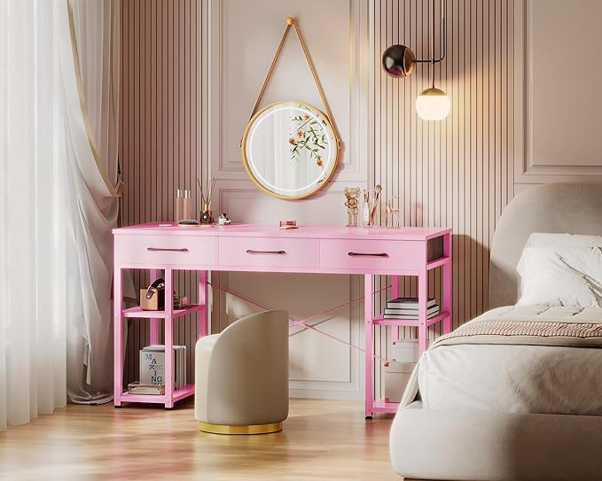 ODK Vanity Desk with Fabric Drawers & Storage Shelves, Makeup Dressing Table, Home Office Desks for Bedroom, Modern Simple Writing Desk,Pink, 48"x16" (No Mirror - LeafyLoom