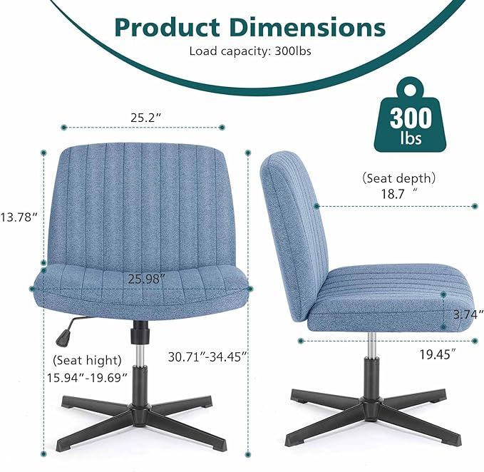 OLIXIS Cross Legged Armless Wide Adjustable Swivel Padded Home Office Desk Chair, Blue - LeafyLoom