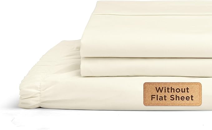 Linen Home 100% Cotton Percale Fitted Sheet Set Queen Size, Ivory, Deep Pocket, 3 Piece -1 Deep Pocket Fitted Sheet and 2 Pillowcases, Crisp Cool and Strong Bed Linen - LeafyLoom