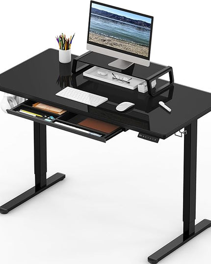 SHW 48-Inch Whole-Piece Glass Electric Height Adjustable Desk with Monitor Riser and Drawer, Black - LeafyLoom