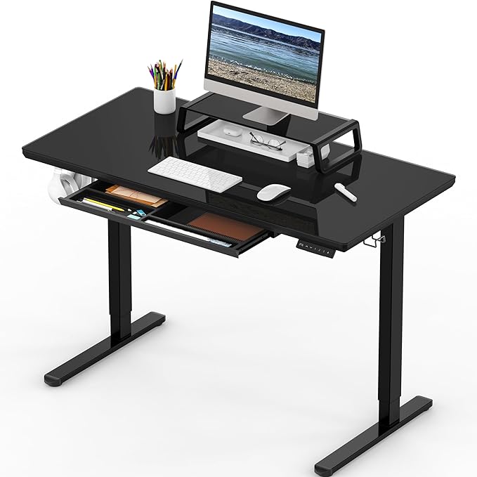 SHW 48-Inch Whole-Piece Glass Electric Height Adjustable Desk with Monitor Riser and Drawer, Black - LeafyLoom