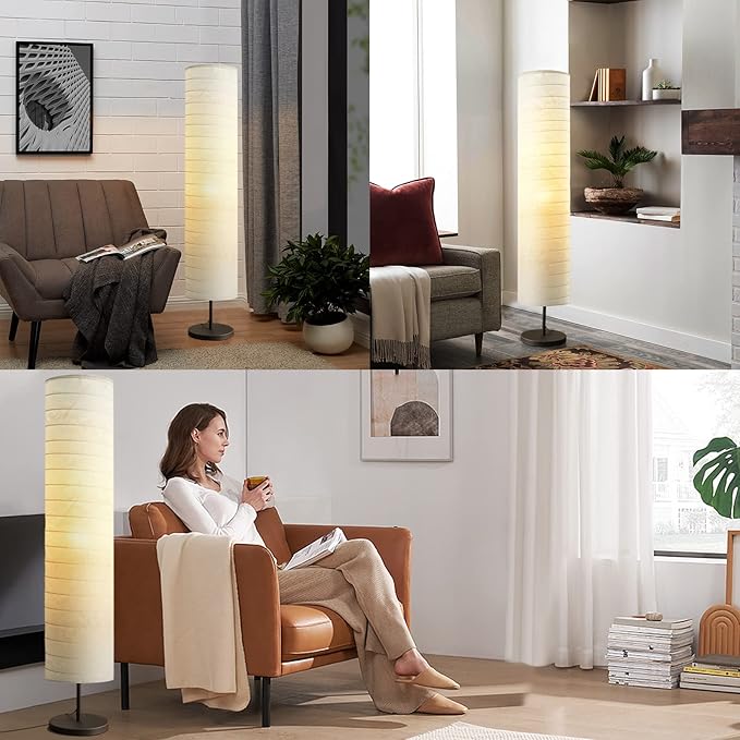 Modern Floor Lamp, Dimmable 3 Levels Brightness Paper Tall Lamp Standing Lamps with Lampshade, 55'' Minimalist Floor Lamps for Office, Kids Room, Reading, Home Decor (White) - LeafyLoom