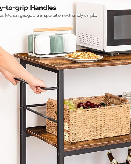 Kitchen Island with Storage,Industrial Kitchen Counter with Hooks and Side Enclosures, 3 Tier Kitchen Cart with Large Workstation, Saving Space, Easy Assembly, Rustic Brown and Black BF03ZD01 - LeafyLoom