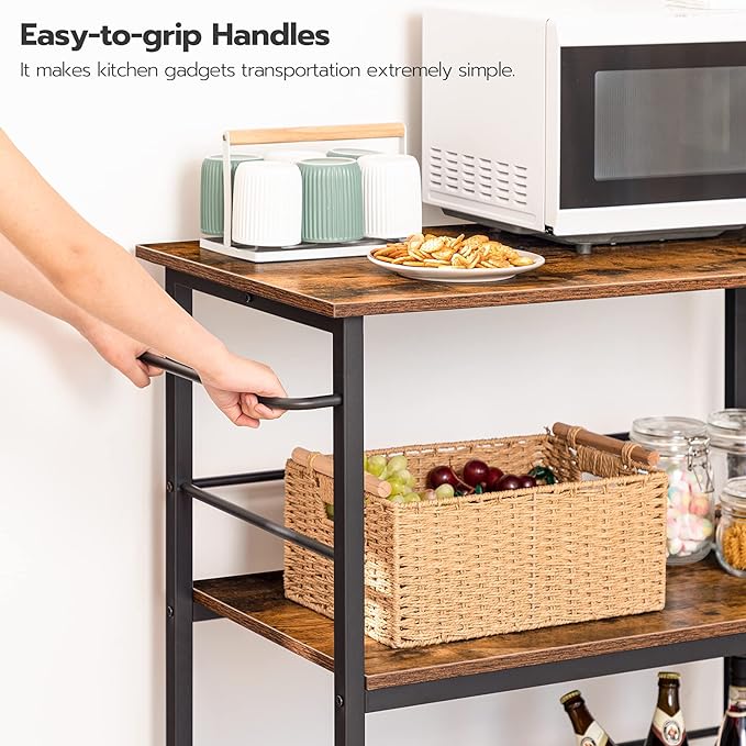 Kitchen Island with Storage,Industrial Kitchen Counter with Hooks and Side Enclosures, 3 Tier Kitchen Cart with Large Workstation, Saving Space, Easy Assembly, Rustic Brown and Black BF03ZD01 - LeafyLoom