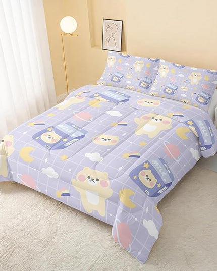 Kawaii Bear Comforter Queen Size,Cartoon Bear Comforter Set for Kids Teens Girls,3Pcs Bedding Set Printed Comforter with 2 Pillowcases,Down Alternative,Soft and Lightweight(Purple，Queen Size) - LeafyLoom