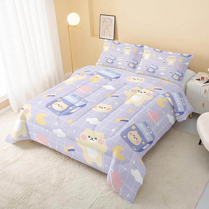 Kawaii Bear Comforter Queen Size,Cartoon Bear Comforter Set for Kids Teens Girls,3Pcs Bedding Set Printed Comforter with 2 Pillowcases,Down Alternative,Soft and Lightweight(Purple，Queen Size) - LeafyLoom
