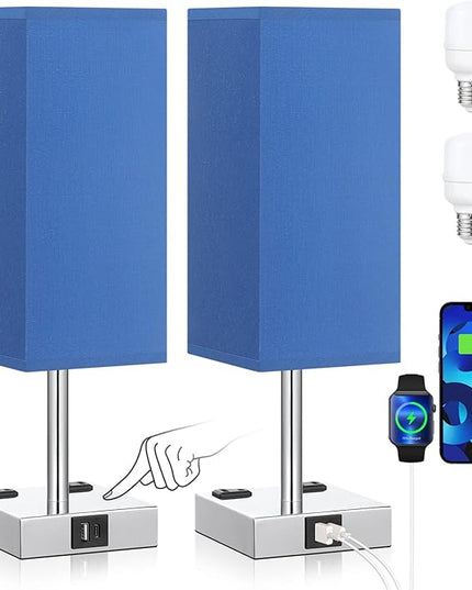 aooshine SW1 Blue Touch Lamp Set of 2 with USB Port Nightstand Lamp with USB-C+A Charge Ports& AC Outlets, 3-Way Dimmable Bedside Lamp, Small Table Lamp for Bedroom Living Room (Bulb Included) - LeafyLoom