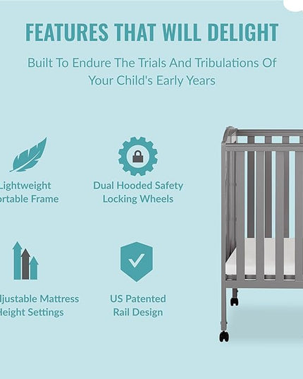 3 in 1 Portable Folding Stationary Side Crib in Steel Grey, Greenguard Gold Certified, Safety Wheels with Locking Casters, Convertible, 3 Mattress Heights - LeafyLoom