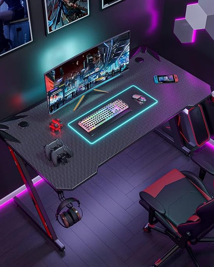 PC Gaming Desk 44 Inch Z Shaped Carbon Fiber Surface Desktop Computer Table with Cup Holder & Headphone Hook, Black - LeafyLoom