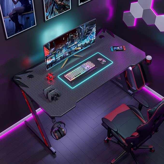 PC Gaming Desk 44 Inch Z Shaped Carbon Fiber Surface Desktop Computer Table with Cup Holder & Headphone Hook, Black - LeafyLoom