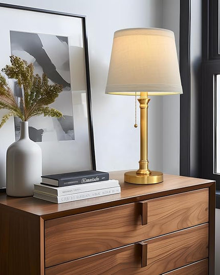 Oneach Modern Gold Brass Table Lamp Set of 2 for Bedroom Living Room 19.5'' Traditional Bedside Desk Nightstand Buffet Candlestick Samll Lamps with White Drum Shade - LeafyLoom