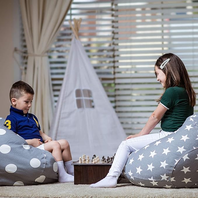 Wekapo Stuffed Animal Storage Bean Bag Chair Cover for Kids | Stuffable Zipper Beanbag for Organizing Children Plush Toys Large Premium Cotton Canvas (Grey Star, XX-Large) - LeafyLoom