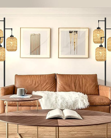 Floor Lamp for Living Room,Bedroom,Boho Rattan Tree 3 Lights Farmhouse Floor Lights,Industrial Black Standing Lamp Wicker Rustic Tall Lamp,Woven Bamboo LampShade Floor Lamps Bohemian - LeafyLoom
