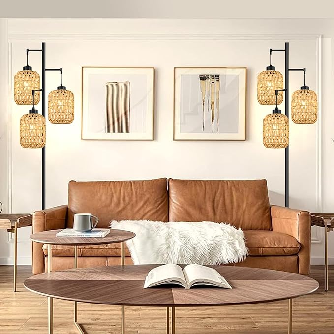 Floor Lamp for Living Room,Bedroom,Boho Rattan Tree 3 Lights Farmhouse Floor Lights,Industrial Black Standing Lamp Wicker Rustic Tall Lamp,Woven Bamboo LampShade Floor Lamps Bohemian - LeafyLoom