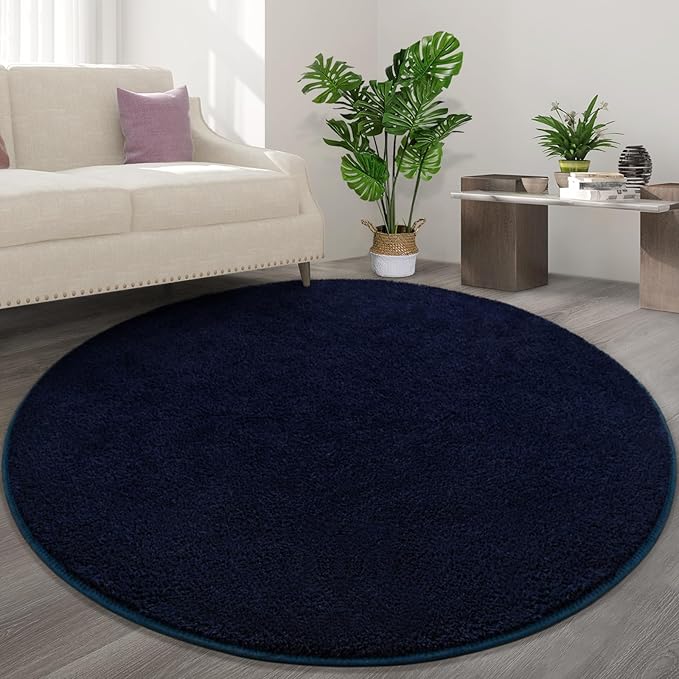 Round Area Rugs for Bedroom Living Room, 5x5 Navy Blue Super Soft Comfy Thickened Memory-Foam Indoor Circle Carpets, Modern Aesthetic Minimalist Carpet for Boys Girls Adults Nursery Home Décor - LeafyLoom