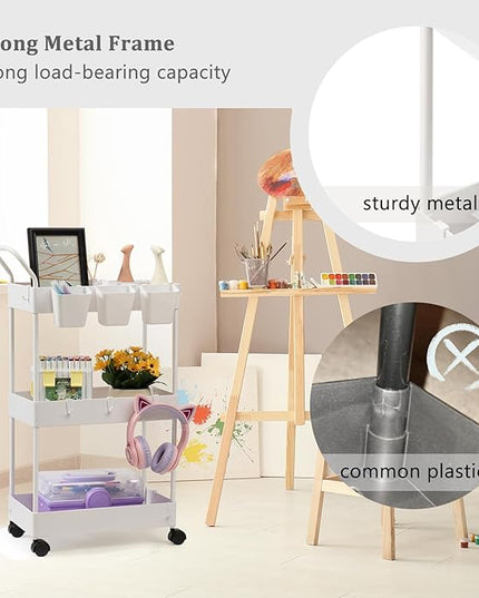 danpinera Slim Storage Cart, 3 Tier Slim Laundry Cart with Wheels Bathroom Cart Organizer with Hanging Cups Hooks Dividers Handle Mobile Rolling Art Cart for Bathroom Kitchen Narrow Places, White - LeafyLoom