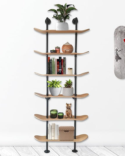 Industrial Shelves - 6 Tier Industrial Decor Pipe Bookcase Using 7 Ply Skateboard Decks - Natural Wood Stain Finish - Bathroom Wall Decor, Living Room Furniture, Book Shelf for Skateboard Enthusiasts - LeafyLoom