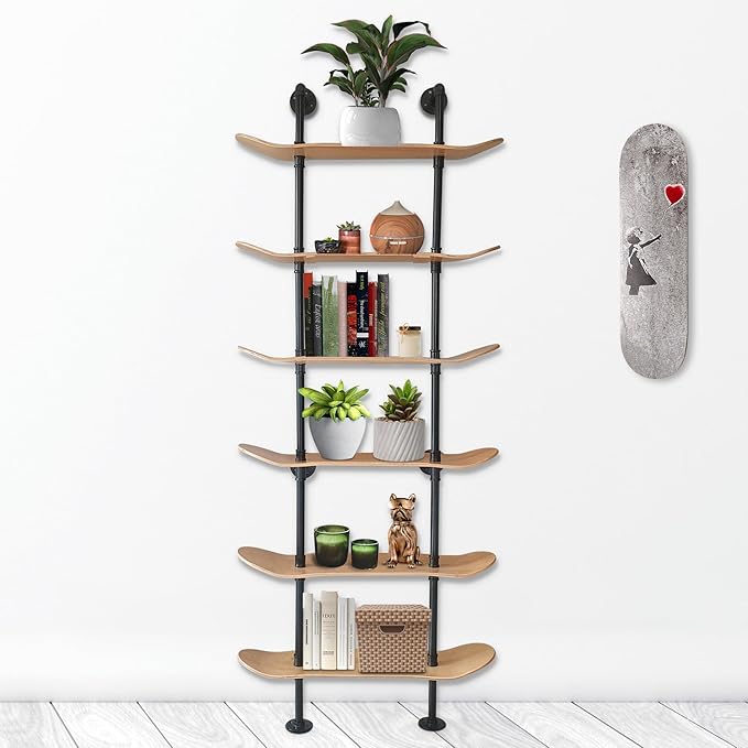 Industrial Shelves - 6 Tier Industrial Decor Pipe Bookcase Using 7 Ply Skateboard Decks - Natural Wood Stain Finish - Bathroom Wall Decor, Living Room Furniture, Book Shelf for Skateboard Enthusiasts - LeafyLoom