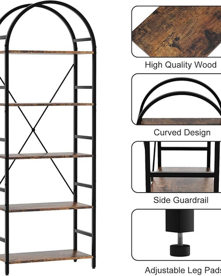 5-Tier Bookshelf, 24 Inch Width Industrial Arched Bookcase, Vintage Storage Rack with Open Shelves, Free Standing Shelf for Home Office, Living Room,Bedroom, Rustic Brown - LeafyLoom