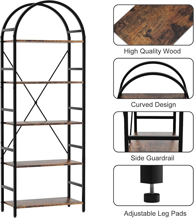 5-Tier Bookshelf, 24 Inch Width Industrial Arched Bookcase, Vintage Storage Rack with Open Shelves, Free Standing Shelf for Home Office, Living Room,Bedroom, Rustic Brown - LeafyLoom