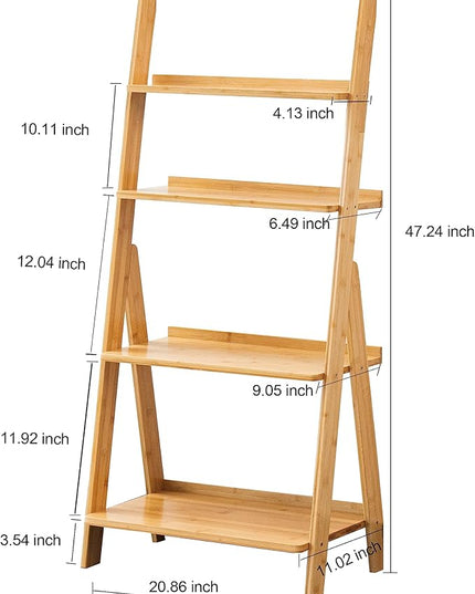 DOUSY- 4-Tier Bamboo Ladder Shelf Ladder Bookshelf Plant & Flower Stand Bookcase, Freestanding Storage Rack Organizer Display Shelf for Living Room, Home Office, Bedroom, Balcony, Natural Wood - LeafyLoom