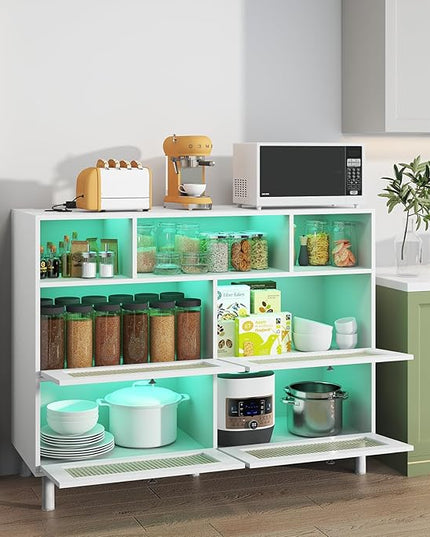 Sideboard Buffet Cabinet, Kitchen Storage Cabinet with Power Outlet & Led Lights, Accent Cabinet with 4 Rattan Doors, White - LeafyLoom