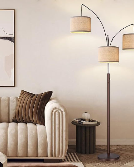 Dimmable Floor Lamp, 3 Lights Brown Arc Floor Lamps for Living Room, Modern Tall Standing Tree Lamp with Beige Linen Shade & Heavy Base, Large Floor Lamp for Bedroom Office, 3x1000 LM Bulbs Included - LeafyLoom