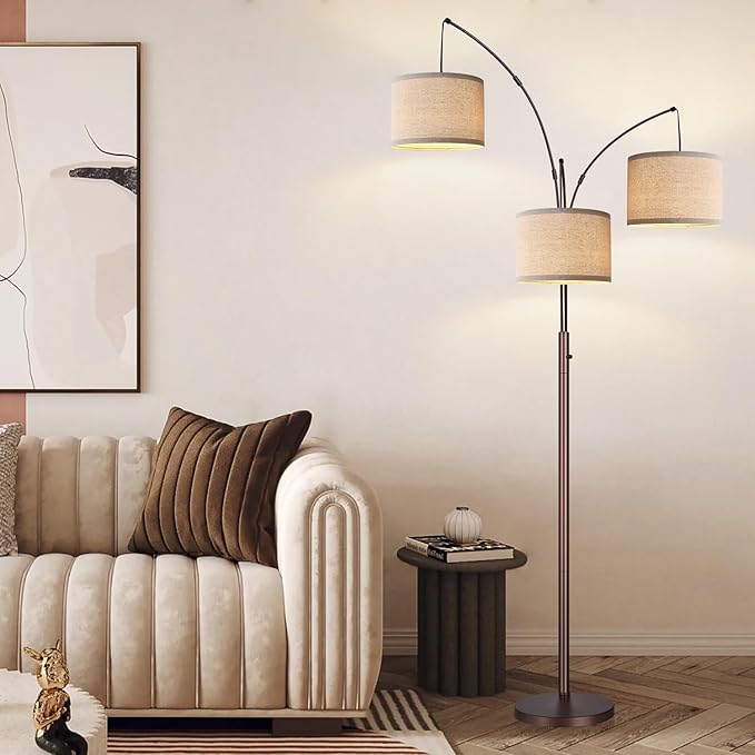 Dimmable Floor Lamp, 3 Lights Brown Arc Floor Lamps for Living Room, Modern Tall Standing Tree Lamp with Beige Linen Shade & Heavy Base, Large Floor Lamp for Bedroom Office, 3x1000 LM Bulbs Included - LeafyLoom