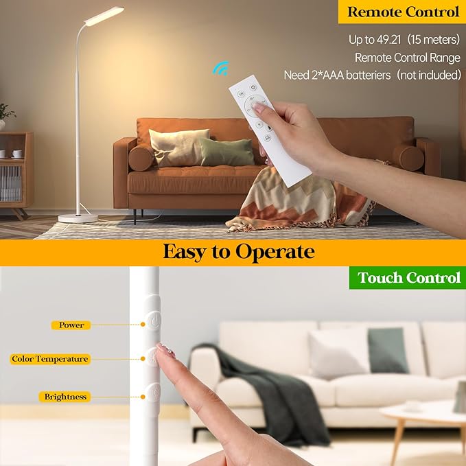 LED Floor Lamp, 18W Super Bright Floor Lamp for Living Room, Adjustable Stepless Colors & Brightness Gooseneck Standing Lamp, Eye Caring Reading Light with Remote& Touch Control for Bedroom Office - LeafyLoom