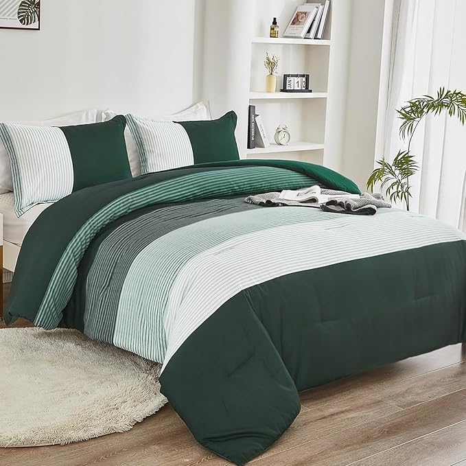 WONGS BEDDING Comforter Set Queen, Reversible Emerald Green Striped Patchwork Down Alternative Comforter for Queen Bed,3 Pieces (1 Comforter+2 Pillowcases), Soft Microfiber Bedding Set 90"×90" - LeafyLoom