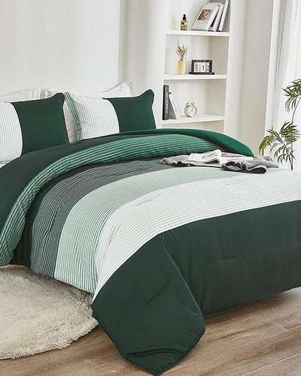 WONGS BEDDING Comforter Set King, Reversible Emerald Green Striped Down Alternative Comforter for King Bed,3 Pieces (1 Comforter+2 Pillowcases), Soft Microfiber Bedding Duvet Set 104"×90" - LeafyLoom