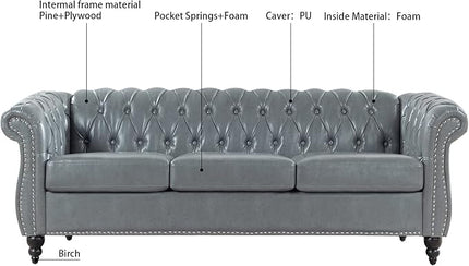 3-Seaters Living Room Clasic Chesterfield Sofa Couch Button Tufted PU Leather Upholstered Sofa&Couch with Luxury Roller Armrest Soild Wood Legs Movable Cushions & Nailhead Decor - LeafyLoom