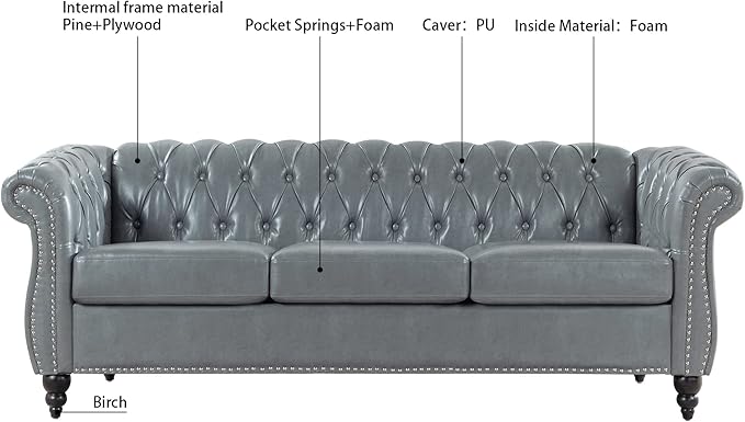 3-Seaters Living Room Clasic Chesterfield Sofa Couch Button Tufted PU Leather Upholstered Sofa&Couch with Luxury Roller Armrest Soild Wood Legs Movable Cushions & Nailhead Decor - LeafyLoom