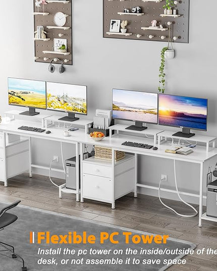 Furologee White Computer Desk with Drawer and Power Outlets, 55" Large Gaming Desk with Fabric File Cabinet and 2 Movable Monitor Shelves, Writing Table with CPU Stand and 2 Hooks for Home Office - LeafyLoom