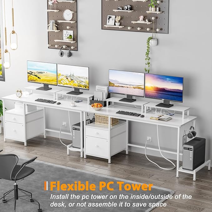 Furologee White Computer Desk with Drawer and Power Outlets, 55" Large Gaming Desk with Fabric File Cabinet and 2 Movable Monitor Shelves, Writing Table with CPU Stand and 2 Hooks for Home Office - LeafyLoom