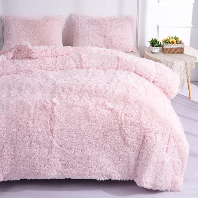 Faux Fur Kids Girls Light Pink Comforter Sets Twin/Full - 3PC Bed Set Warm Comfortable Soft Plush Flannel Velvet Fluffy Fuzzy Bedding（Comforter x 1 Pillowcases x 2） - LeafyLoom