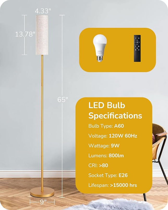 EDISHINE LED Corner Floor Lamp for Living Room, 65" Tall Standing Reading Lamp with Remote, Minimalist Dimmable Pole Lighting for Bedroom, Office, Kids Room, 9W Bulb Included, 2700K-6000K (Gold) - LeafyLoom