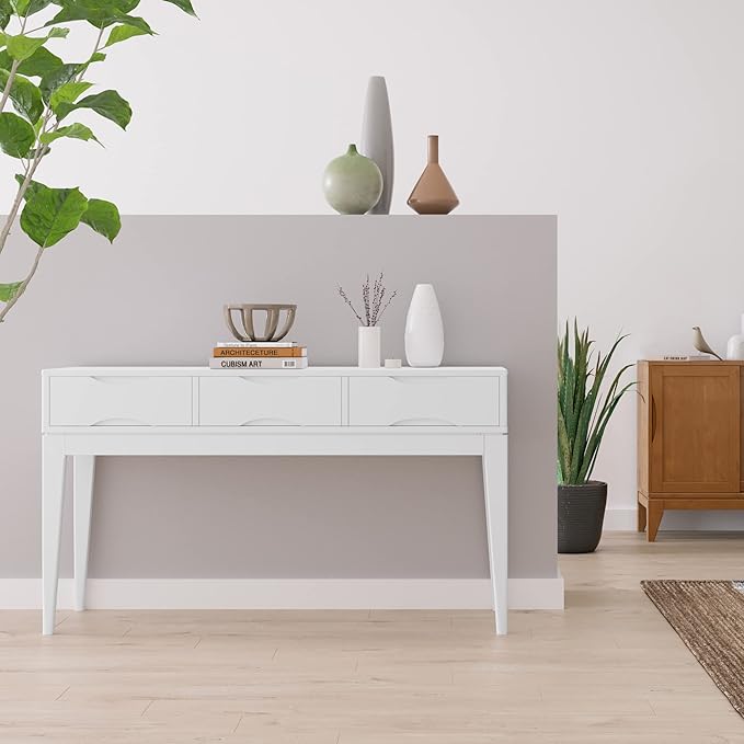 SIMPLIHOME Harper SOLID HARDWOOD 54 Inch Wide Mid Century Modern Console Sofa Table in White, For the Living Room, Entryway and Bedroom - LeafyLoom