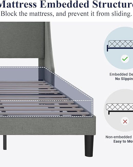 Allewie King Size Bed Frame, Platform Bed Frame with Upholstered Headboard, Modern Deluxe Wingback, Wood Slat Support, Mattress Foundation, Light Grey - LeafyLoom