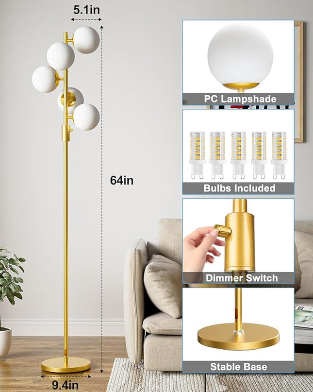 Lightdot Dimmable (Brightness Adjustable) Globe Floor Lamp, Gold Standing Lamps with 5PCS 3000K G9 Bulbs, Mid Century Modern Floor Lamp for Living Room Bedroom Office - LeafyLoom