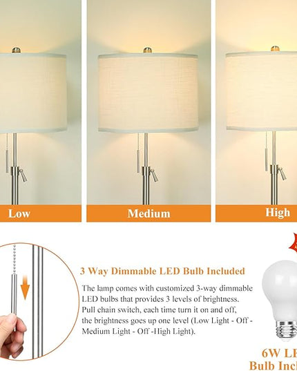 Brushed Nickel Floor Lamp for Living Room, Adjustable Height Standing Lamp with Metal Base, 3-Way Dimmable Tall Pole Light with White Linen Shade for Bedroom, Pull Chain Switch, 6W LED Bulb Included - LeafyLoom