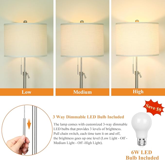 Brushed Nickel Floor Lamp for Living Room, Adjustable Height Standing Lamp with Metal Base, 3-Way Dimmable Tall Pole Light with White Linen Shade for Bedroom, Pull Chain Switch, 6W LED Bulb Included - LeafyLoom