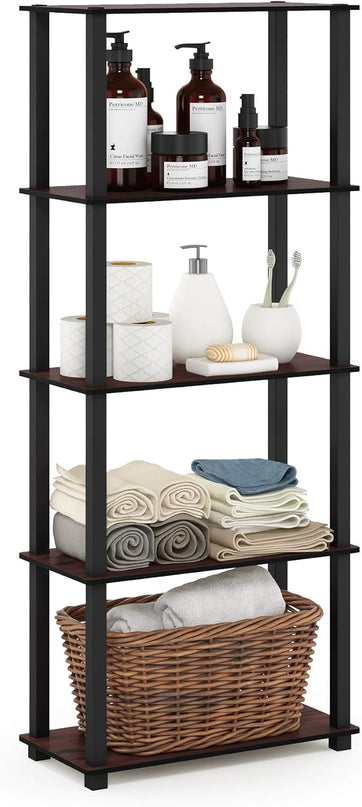 Furinno Turn-N-Tube 5-Tier Multipurpose Shelf / Display Rack / Storage Shelf / Bookshelf, Square Tubes, Dark Cherry/Black - LeafyLoom
