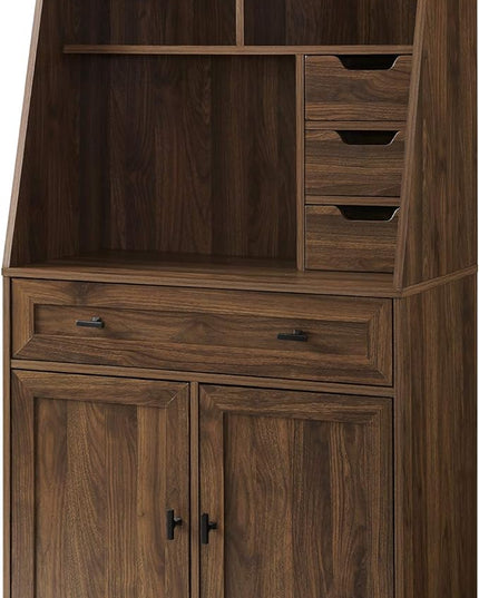 Walker Edison Secretary Hutch Wood Desk with Keyboard Drawer Bookshelf Storage Home Office Storage Cabinet, 64 Inch, Dark Walnut - LeafyLoom